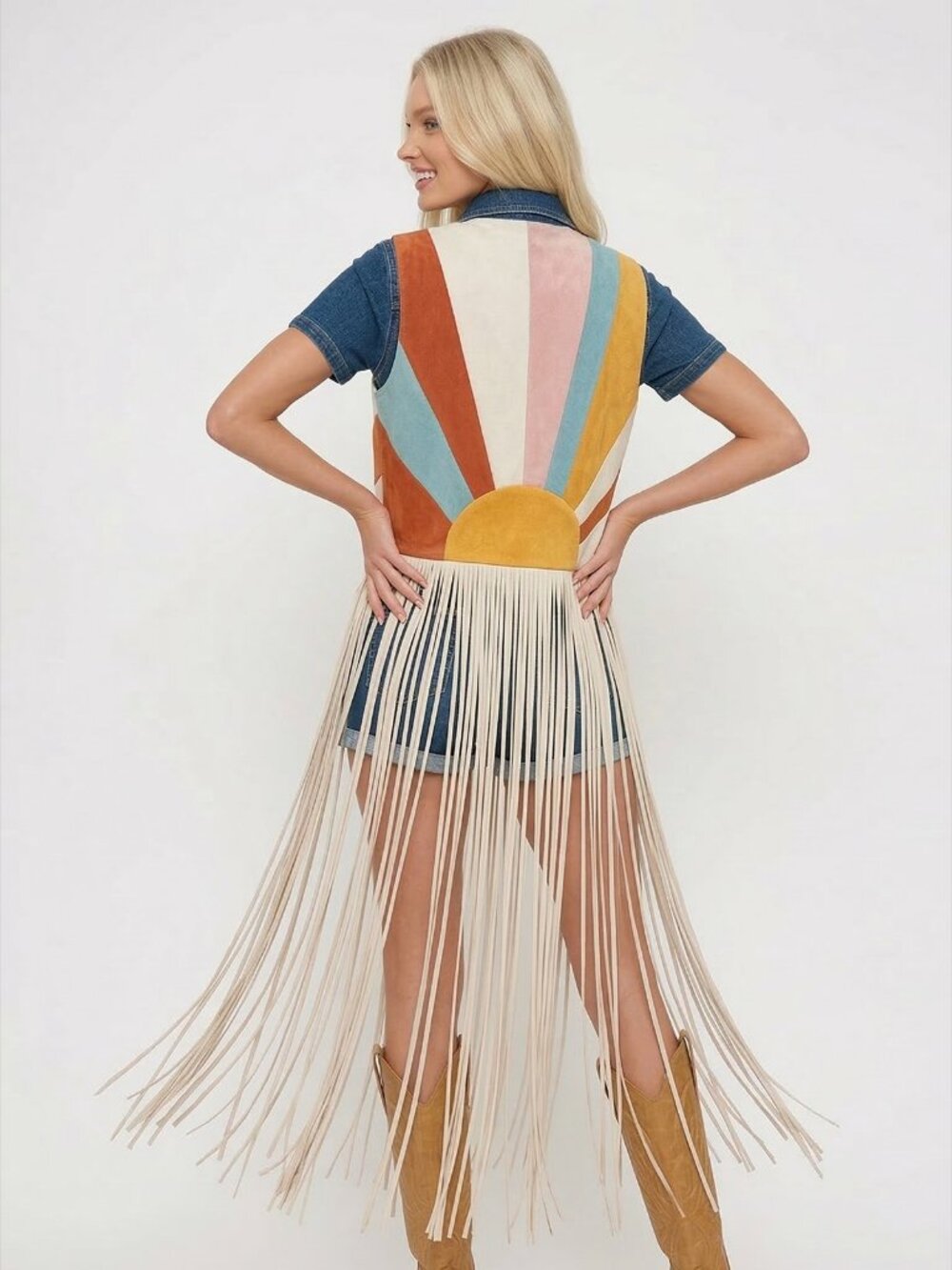 🌅 Boho Western Color Block Fringe Vest – Teal Multi Sunrise